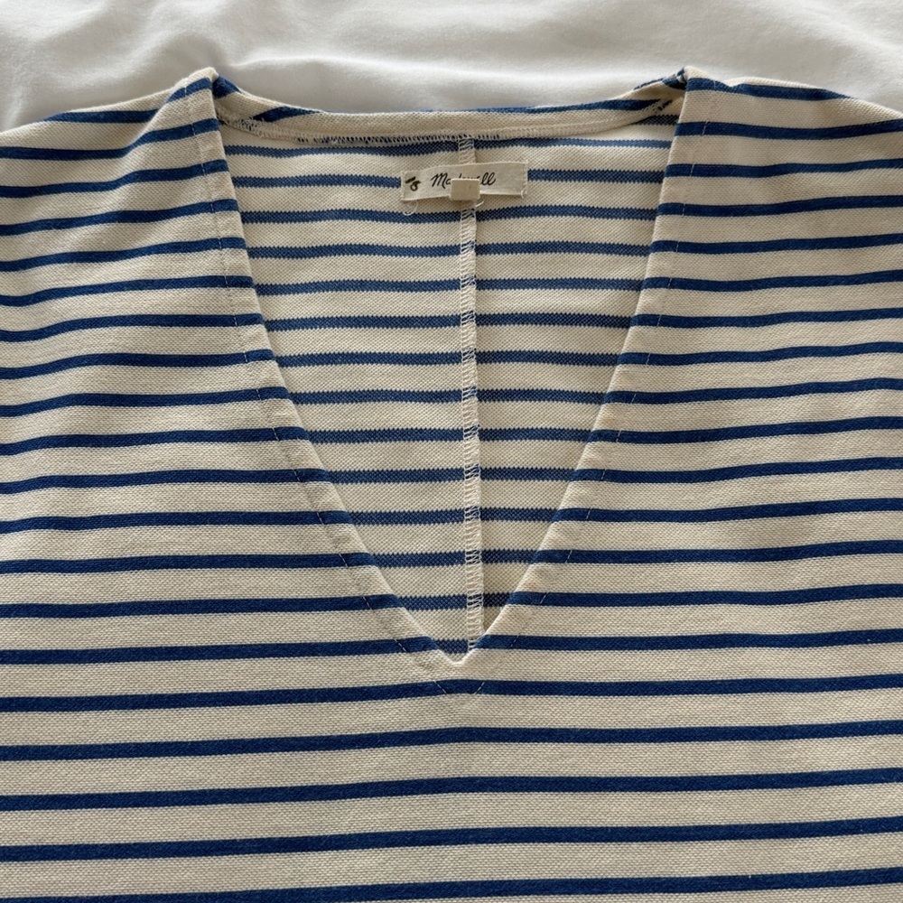 Madewell Vacances Striped Dress V Neck White & Blue Large Women’s - Picture 8 of 10